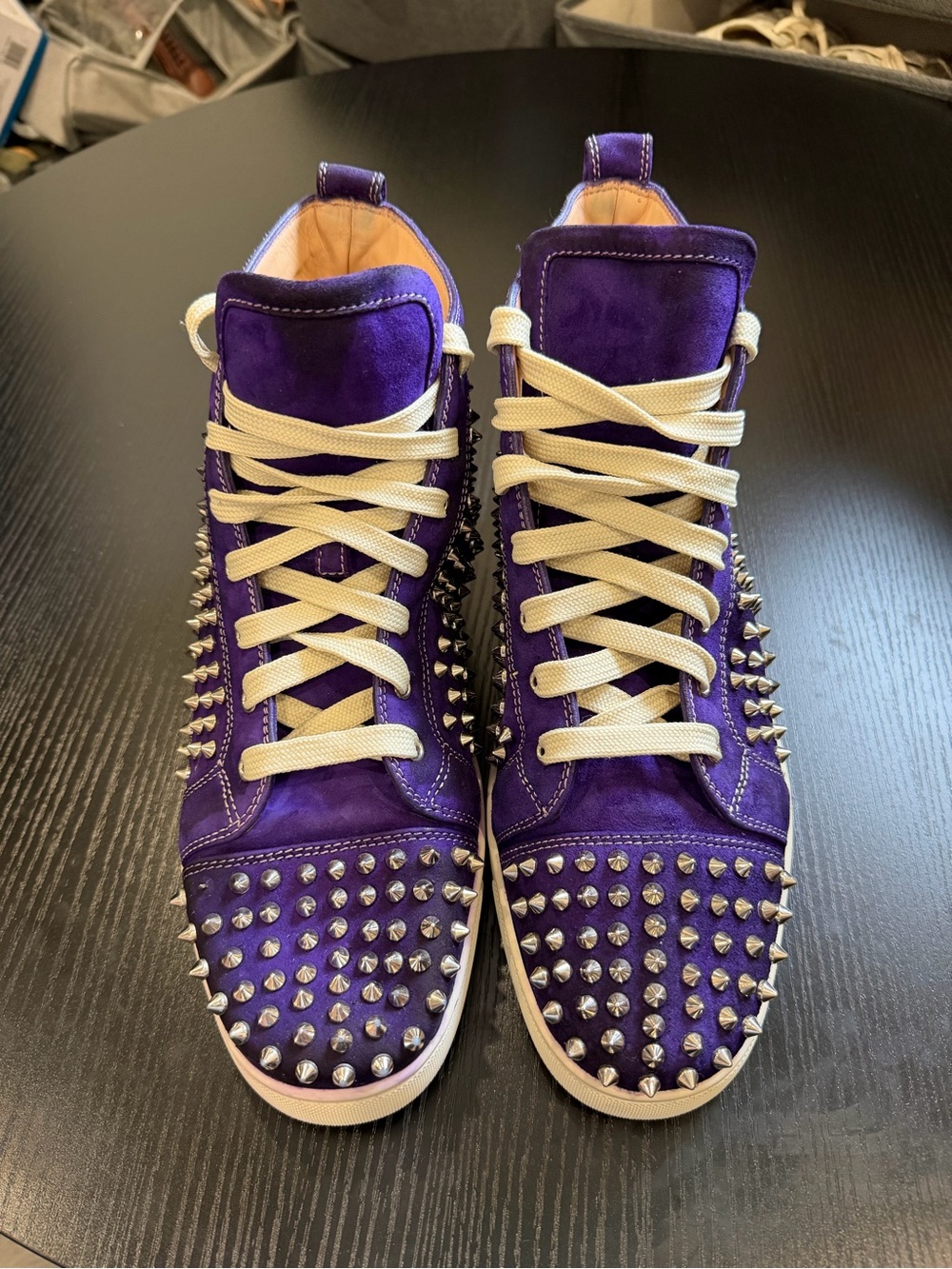 Christian Louboutin Purple Studded High-Top Sneakers with Cream Laces